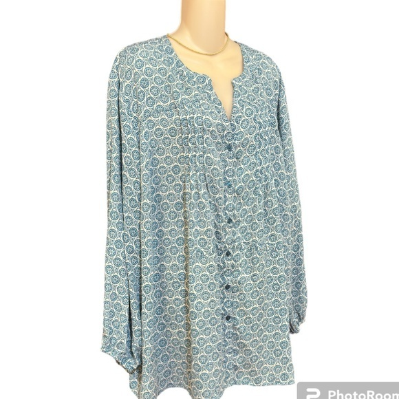 Terra & Sky Aqua blue and White‎ print Blouse - Picture 1 of 9